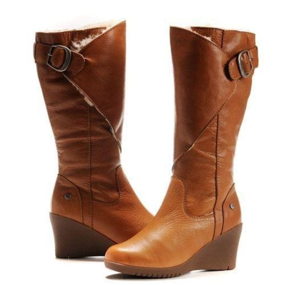 UGG Corinth Shearling Lined Wedge Knee High Leather Buckle Zip Wedge Boots Sz 10